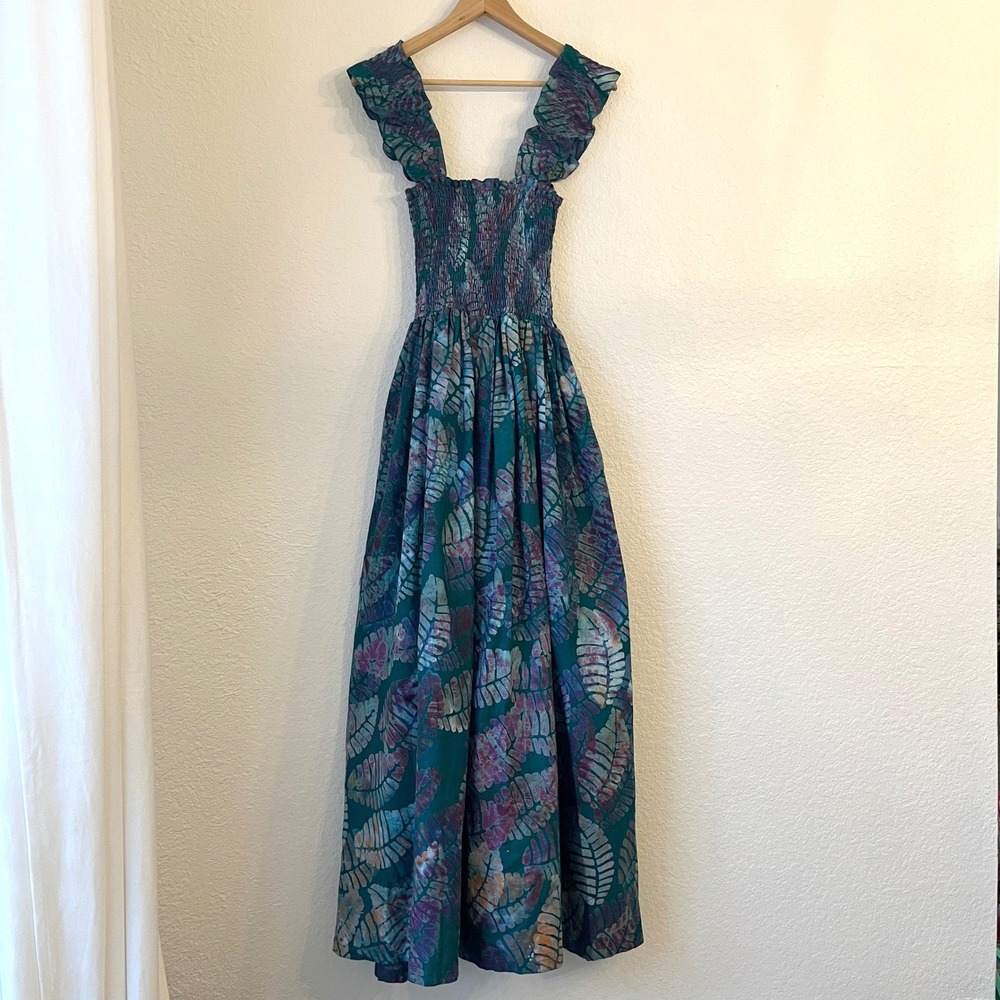 Sika Traci Smocked Maxi Dress 6 Leaf Print Tropical Resort Vacation Cotton Teal - Picture 12 of 16